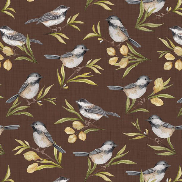 brown, Chickadee Charm Collection Birds All Over Cotton Fabric 27727