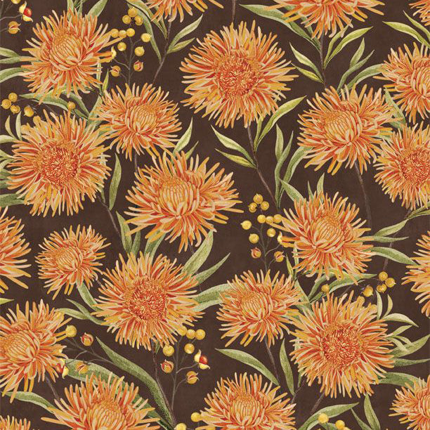 brown, Chickadee Charm Collection Chrysanthemum Cotton Fabric 27728