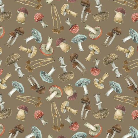 Season's Study Collection Scattered Mushrooms Cotton Fabric 17837 brown