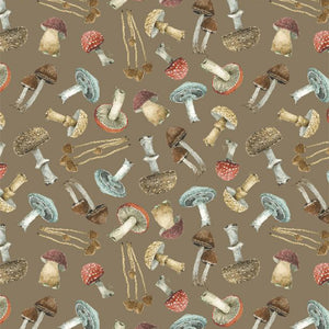 Season's Study Collection Scattered Mushrooms Cotton Fabric 17837 brown