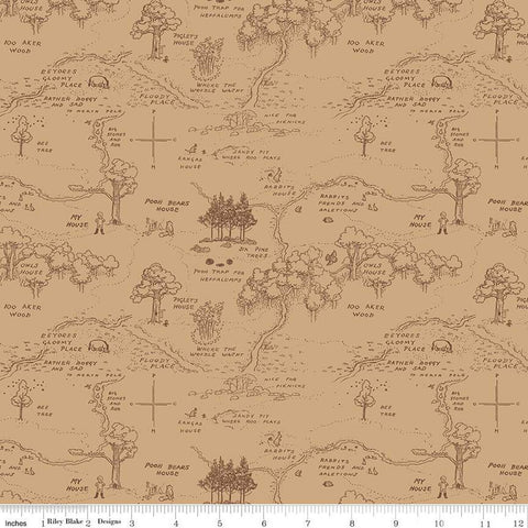 brown, Winnie the Pooh Collection Map Cotton Fabric C17001