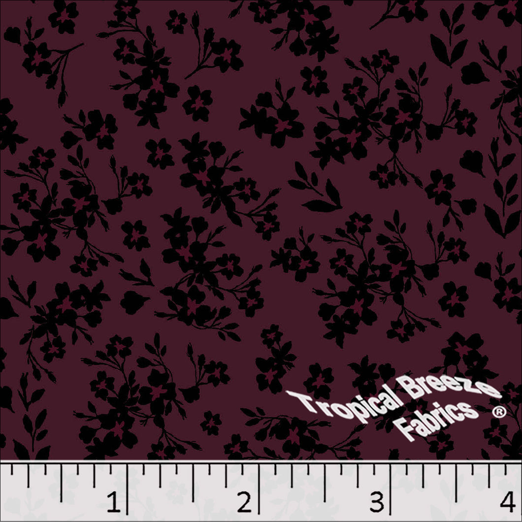 Floral Print Poly Cotton Dress Fabric burgundy