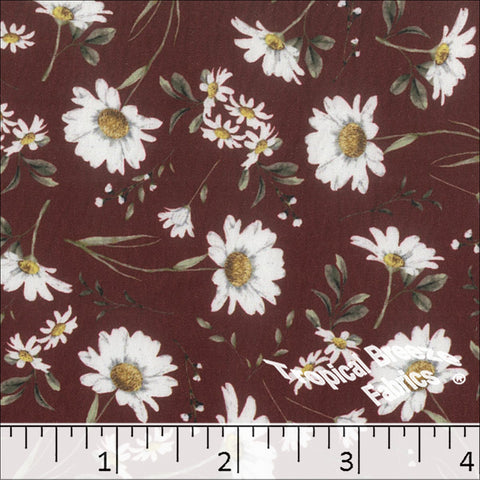 burgundy, Crinkle Creme Daisy Print Polyester Fabric 042612