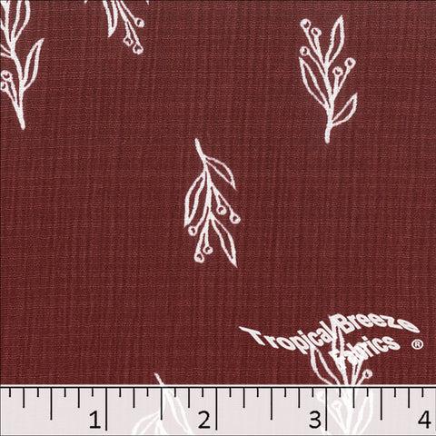 burgundy, Linen Crepe Leaf Print Polyester Fabric 048526