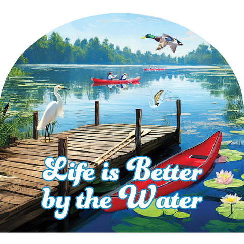 Custom Decor Arbor Mate garden sign showing by the water