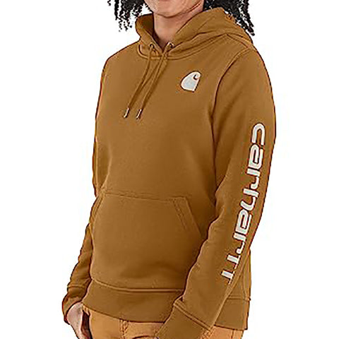 Carhartt women's Clarksburg midweight logo sleeve hoodie in Carhartt brown