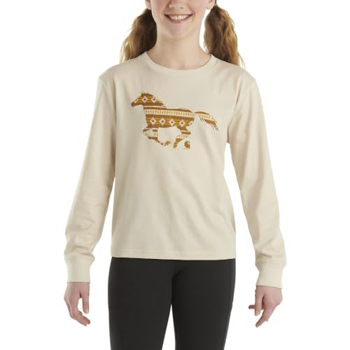 Carhartt Children's long-sleeve tee shirt in malt tan color showing running horse graphic worn by a girl