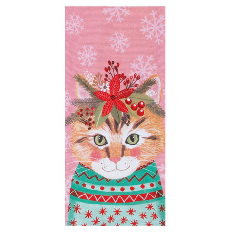 Flowers Everywhere holiday kitchen towel with cat