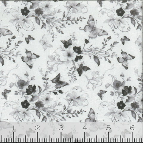 charcoal, Swiss Dot Butterfly Meadow Print Polyester Fabric 00022