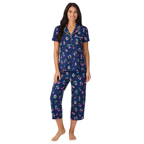 cherry, Women's Short-Sleeve Notch Collar with Cropped Pant 2-Piece Pajama Set CD70029
