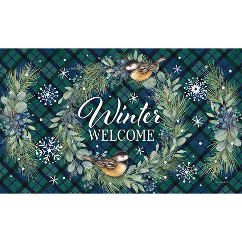 Custom Decor floor mat showing chickadee wreath