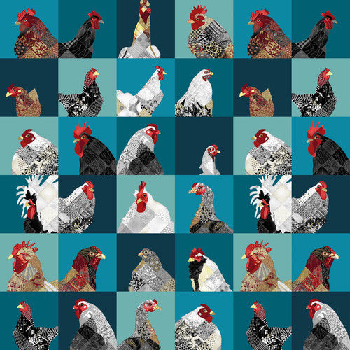 Zooming Chickens Cotton Fabric Collection 71 chicken in blocks