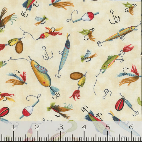 Down by the Lake Collection Fishing Hooks Cotton Fabric cream