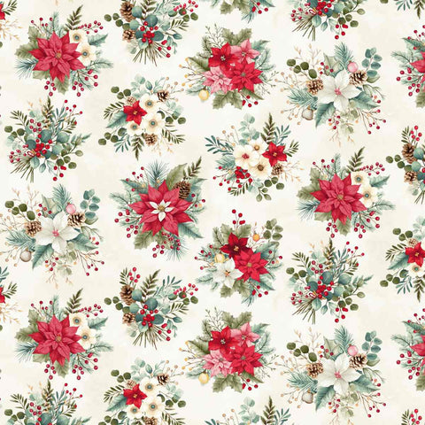 cream, Sweet Christmas Memories Collection Holiday Flower Toss Cotton Fabric 3625