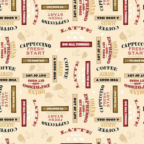 Coffee Always Collection Words Toss Cotton Fabric 56073 cream