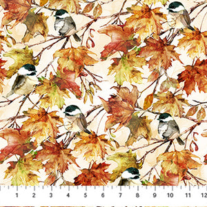 cream, Autumn Breeze Collection Birds and Leaves Cotton Fabric DP28057