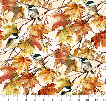 cream, Autumn Breeze Collection Birds and Leaves Cotton Fabric DP28057