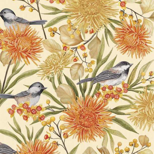 cream, Chickadee Charm Collection Birds and Florals Cotton Fabric 27726