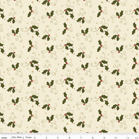 cream, Christmas Greeting Collection Holly Leaves Cotton Fabric C17663