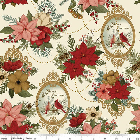 cream, Christmas Greeting Collection Large Floral Print Cotton Fabric C17660
