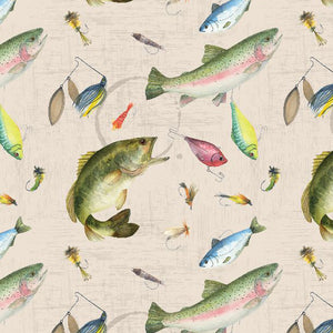 Cream, Gone Fishing Collection Fish and Lure Cotton Fabric 21763