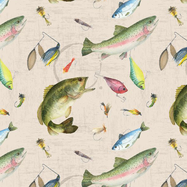 Cream, Gone Fishing Collection Fish and Lure Cotton Fabric 21763