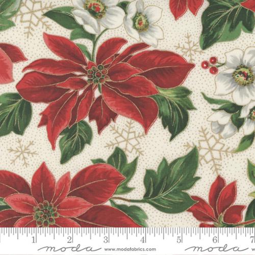 Merry Manor Metallic Collection Poinsettia Florals Cotton Fabric 33660 cream
