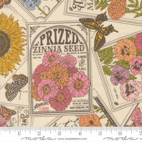 cream, My Secret Garden Collection Seed Packets Cotton Fabric 20981