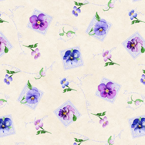 cream, Pansy Fields Collection Small Floral Cotton Fabric 28664