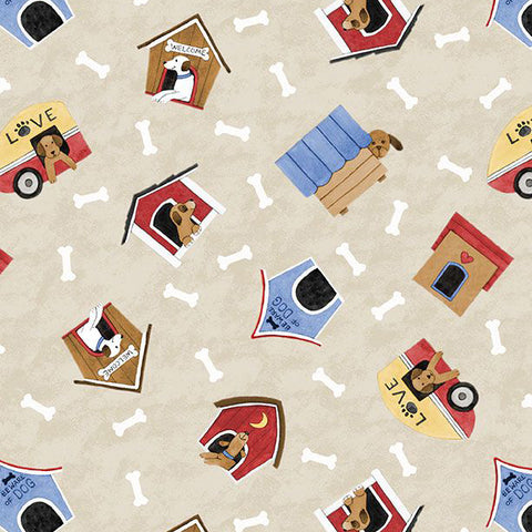 cream, Paws at Play Collection Doghouse Toss Cotton Fabric 39921