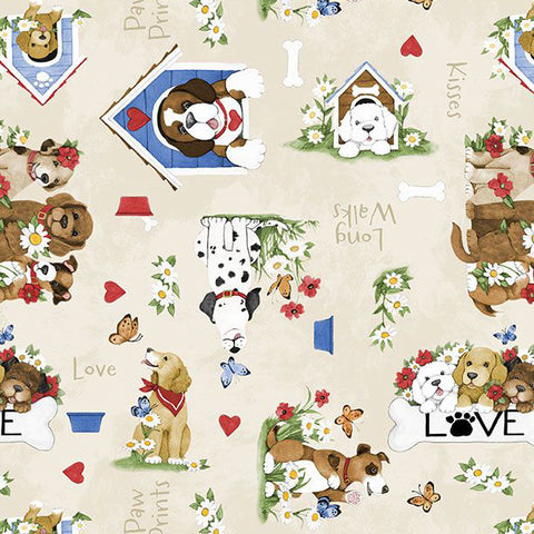 cream, Paws at Play Collection Puppies All Over Cotton Fabric 39919