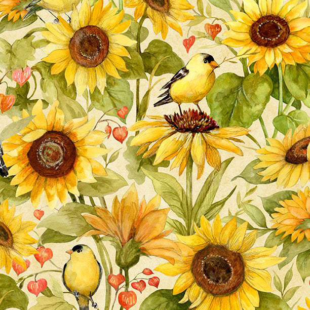 Sunflower Splendor Collection Sunflowers and Birds Cotton Fabric 83327 cream