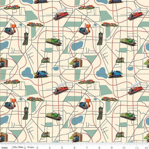 cream, Thomas and Friends Collection Map Cotton Fabric CD17012