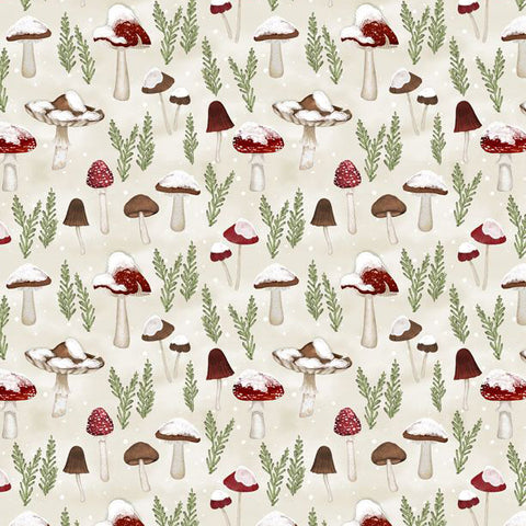 cream mushrooms, Woodland Snowman Cotton Fabric Collection 3017