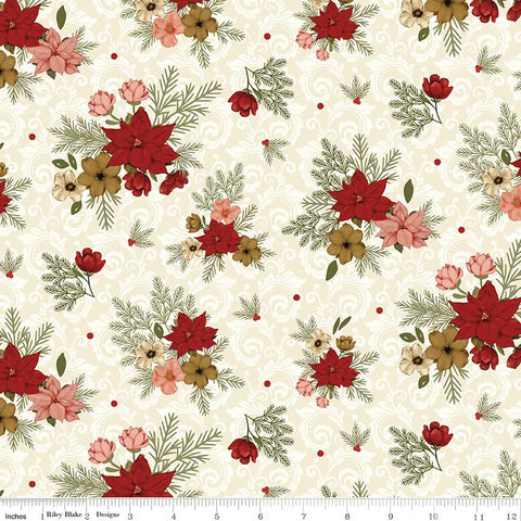 cream, Christmas Greeting Collection Floral Bouquets Cotton Fabric C17661