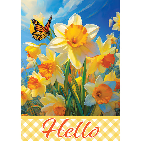 Garden flag showing Daffodils & Butterfly