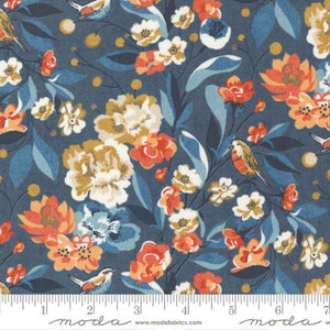 Nutmeg Collection Floral Birds Cotton Fabric dark blue