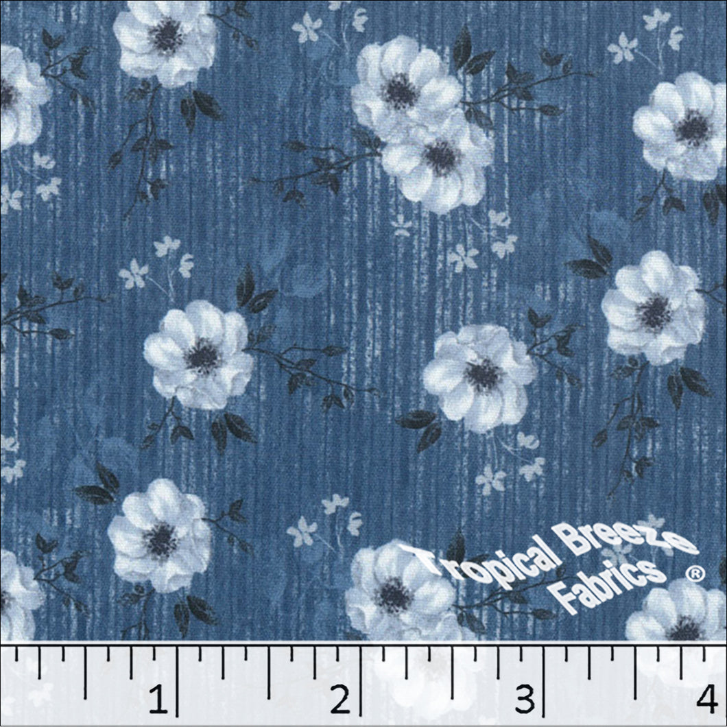 dark blue, Crinkle Creme Floral Print Polyester Fabric 042511 