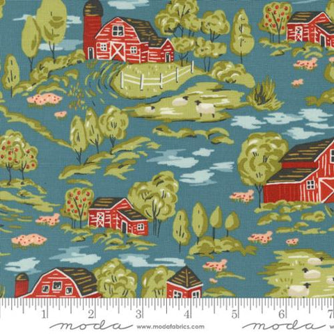 Dark Blue, Farmstead Collection Vintage Farm Scene Cotton Fabric 20901