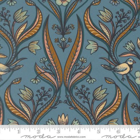 dark blue, Feather and Forest Bloom Collection Damask Cotton Fabric 14141