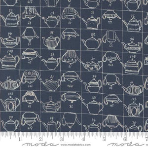 dark blue, Larking Collection Tea Pot Blueprint Cotton Fabric 24631