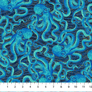 dark blue, Shimmer Enigma Collection Octopus Cotton Fabric 28182M
