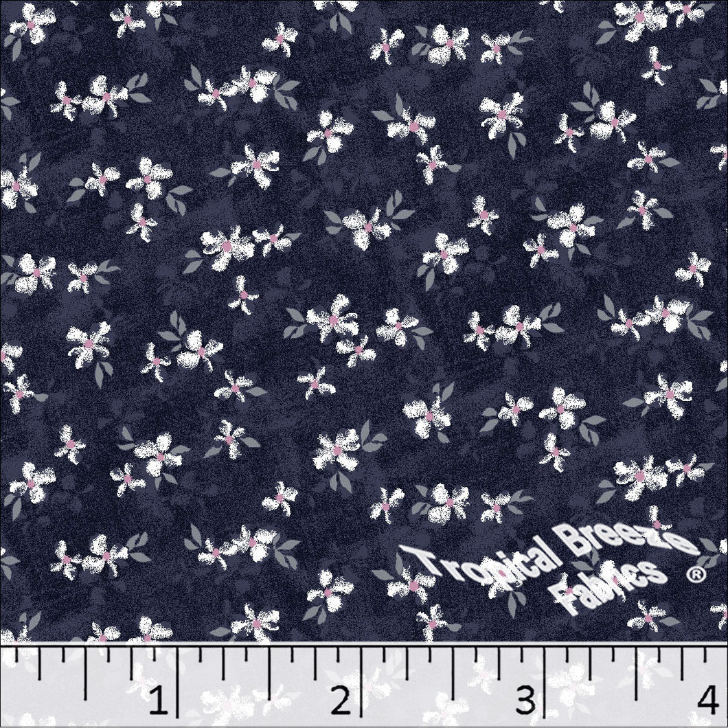 Floral Print Poly Cotton Fabric dark navy