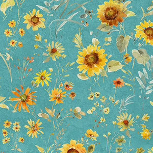 Sunflower Sweet Collection Flowers All Over Cotton Fabric dark teal