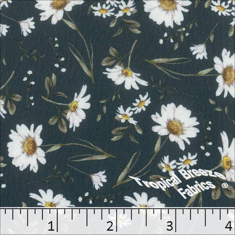 dark teal, Crinkle Creme Daisy Print Polyester Fabric 042612
