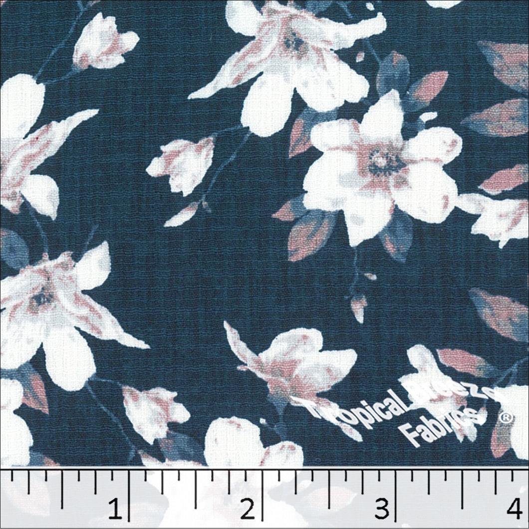 Linen Crepe Floral Print Polyester Fabric 048338 dark teal