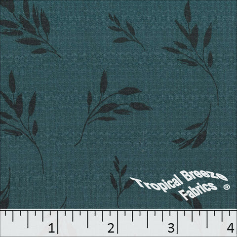 dark teal, Linen Crepe Leaf Print Polyester Fabric 048625