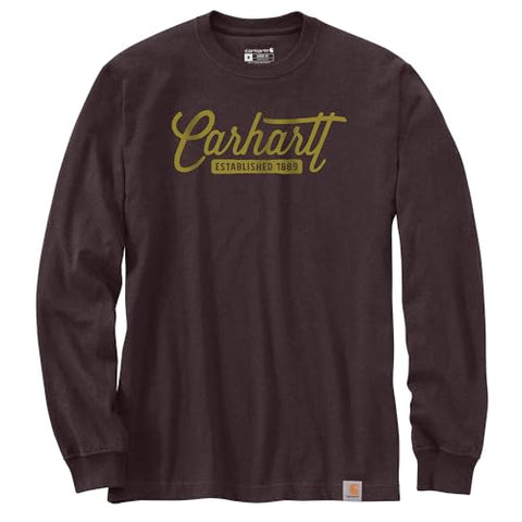 Carhartt men's loose fit script graphic long-sleeve tee 107040 in dark sepia heather