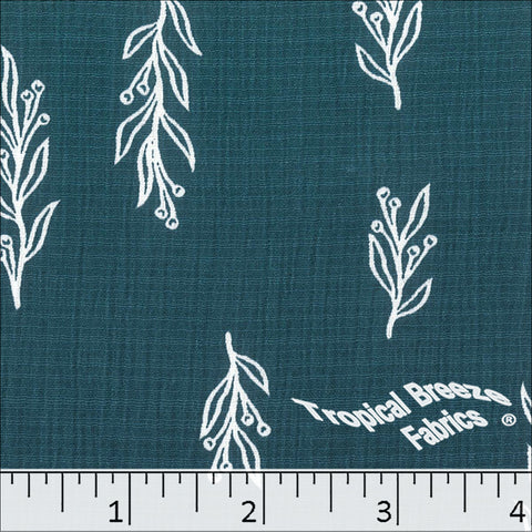 dark teal, Linen Crepe Leaf Print Polyester Fabric 048526
