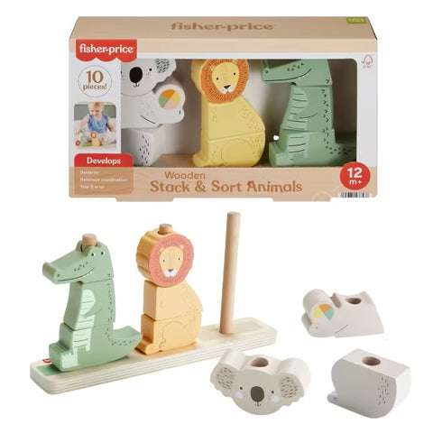 Wooden Stack & Sort Animals Baby & Toddler Toy, 10 Wood Pieces HXV04 